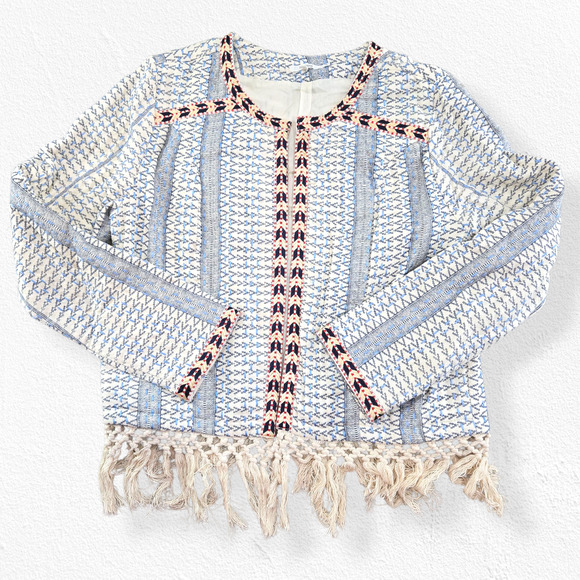 Tularosa Blue White Woven Embroidered Boho Fringe Jacket Open Blazer Size Medium - Picture 1 of 11